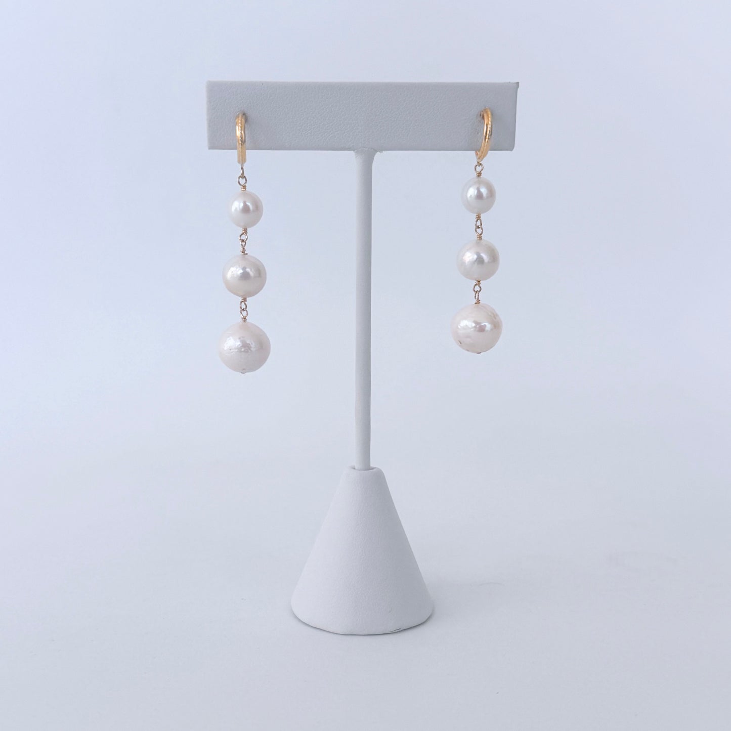 3 Tier Pearl Dangle Earrings with Solid 14k Yellow Gold