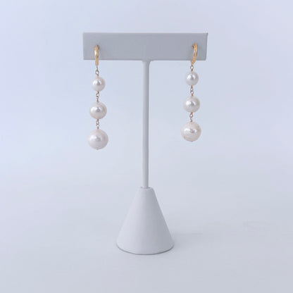 3 Tier Pearl Dangle Earrings with Solid 14k Yellow Gold