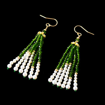 Green Tsavorite, Pearl & Solid 14k Yellow Gold Tassel Earrings