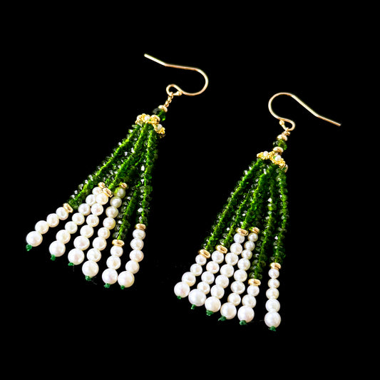 Green Tsavorite, Pearl & Solid 14k Yellow Gold Tassel Earrings