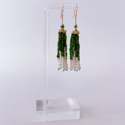 Green Tsavorite, Pearl & Solid 14k Yellow Gold Tassel Earrings