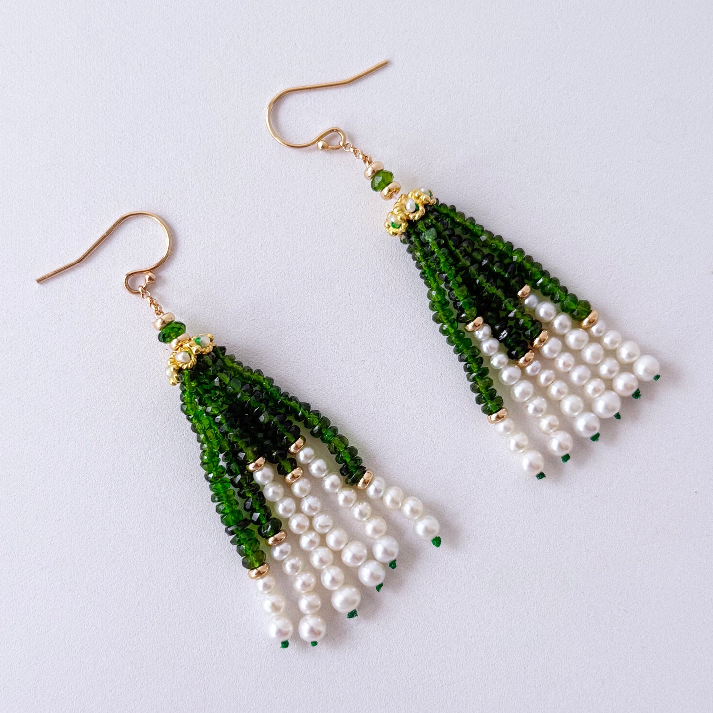 Green Tsavorite, Pearl & Solid 14k Yellow Gold Tassel Earrings