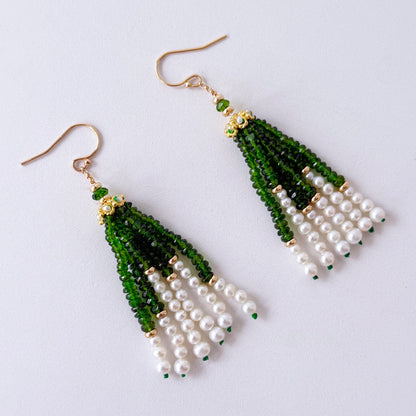 Green Tsavorite, Pearl & Solid 14k Yellow Gold Tassel Earrings