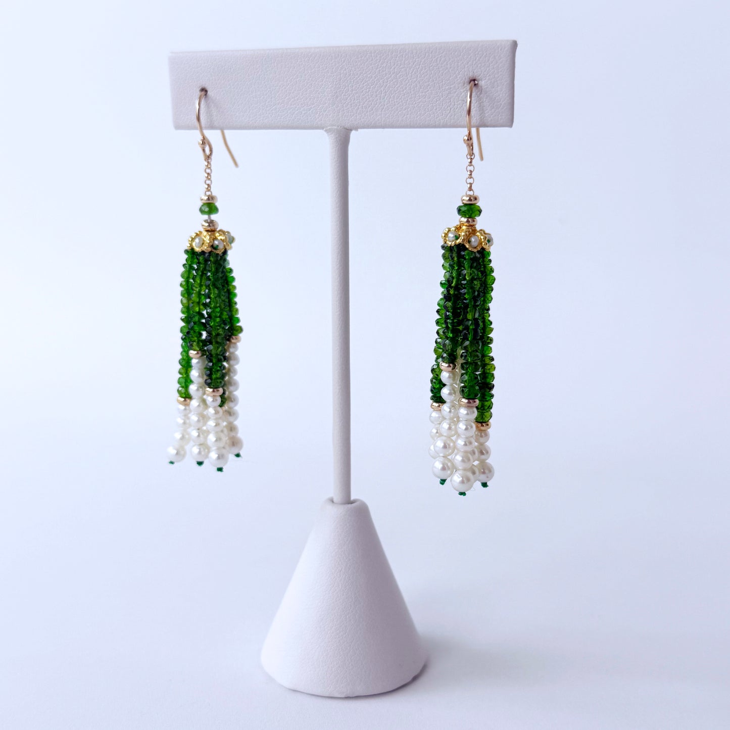 Green Tsavorite, Pearl & Solid 14k Yellow Gold Tassel Earrings