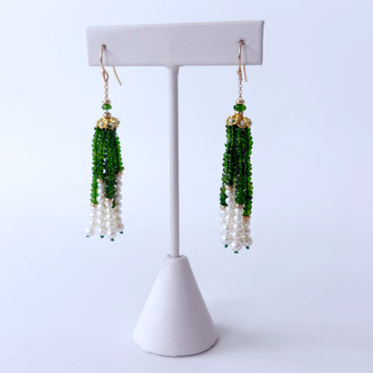 Green Tsavorite, Pearl & Solid 14k Yellow Gold Tassel Earrings