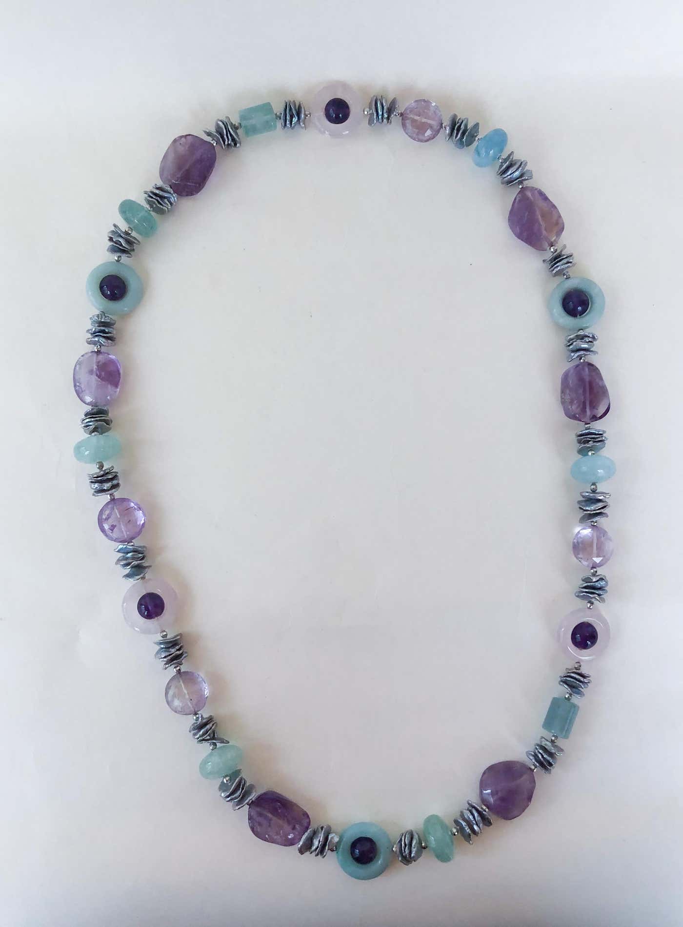Amethyst, Rose Quartz, Grey Pearl & Aquamarine Infinity Necklace