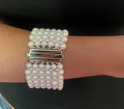 All Pearl Woven Bracelet with Silver -  Rhodium Plated Clasp