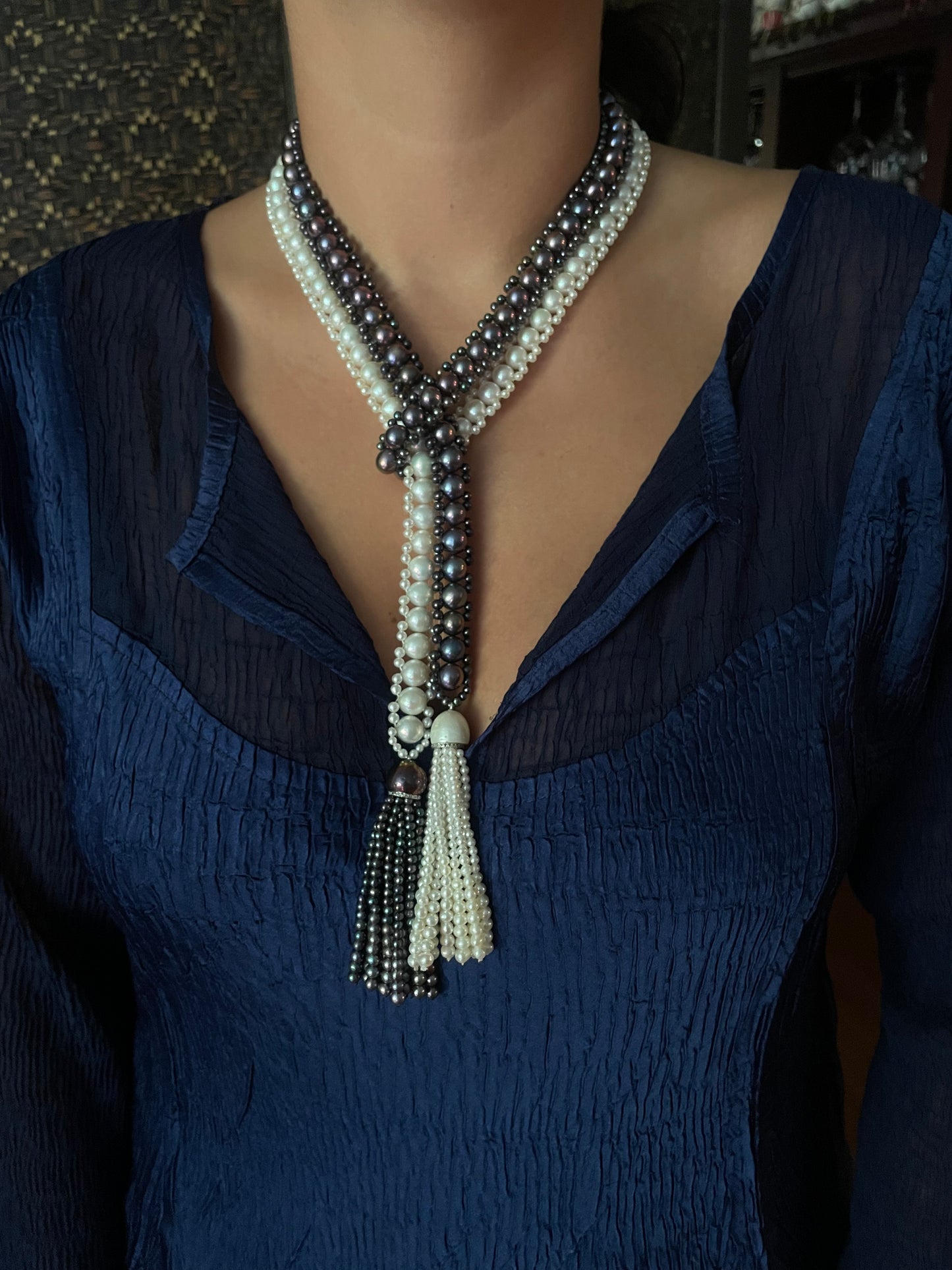 Black & White Pearl Sautoir Lariat with Diamonds