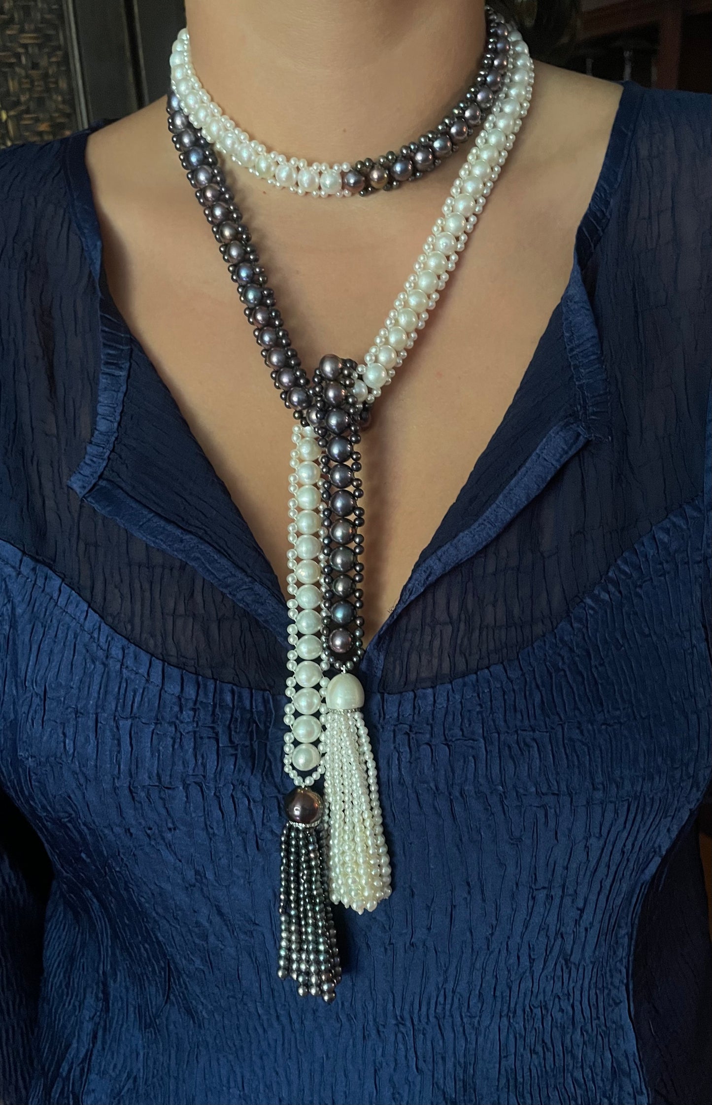 Black & White Pearl Sautoir Lariat with Diamonds