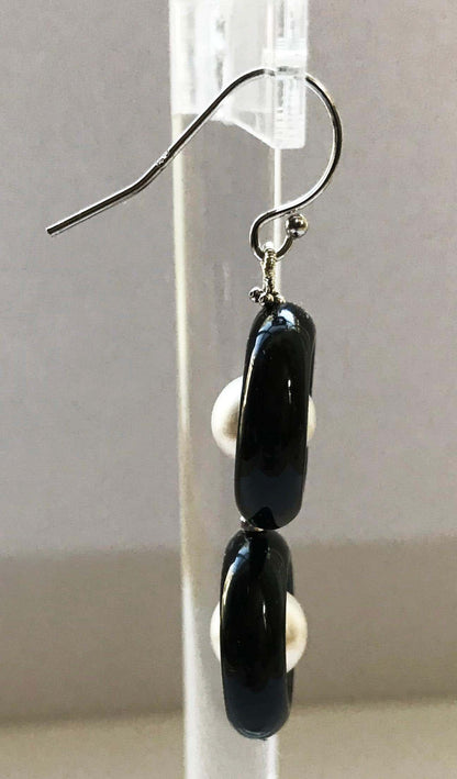 Double Onyx and Pearl Earrings with 14 Karat White Gold Hook and Beads