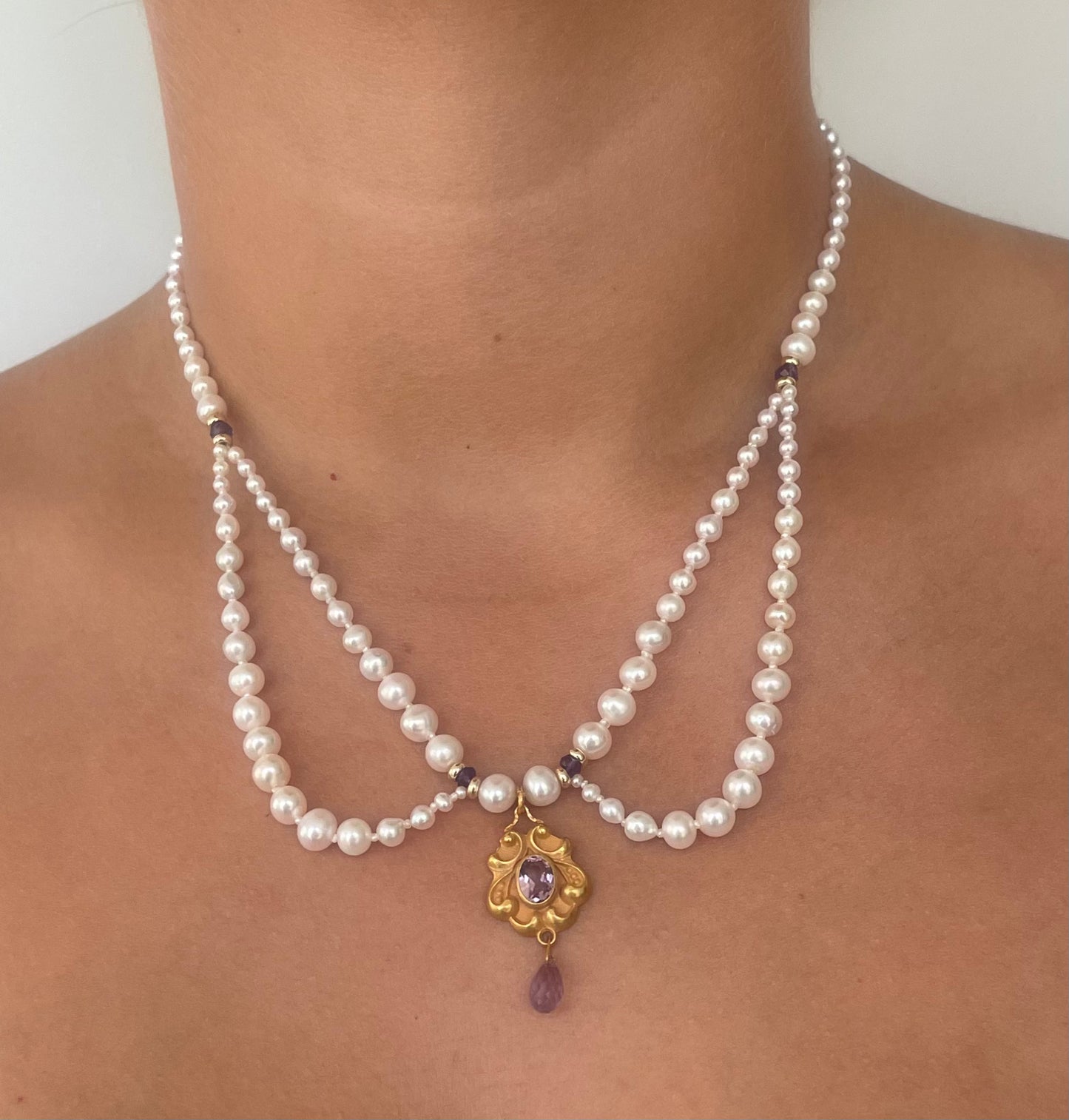 Marina J. Vintage 10k English Gold Amethyst Encrusted Pearl Draped Necklace
