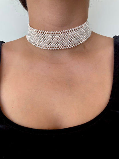 Pearl Woven Bridal Choker with Rhodium Silver