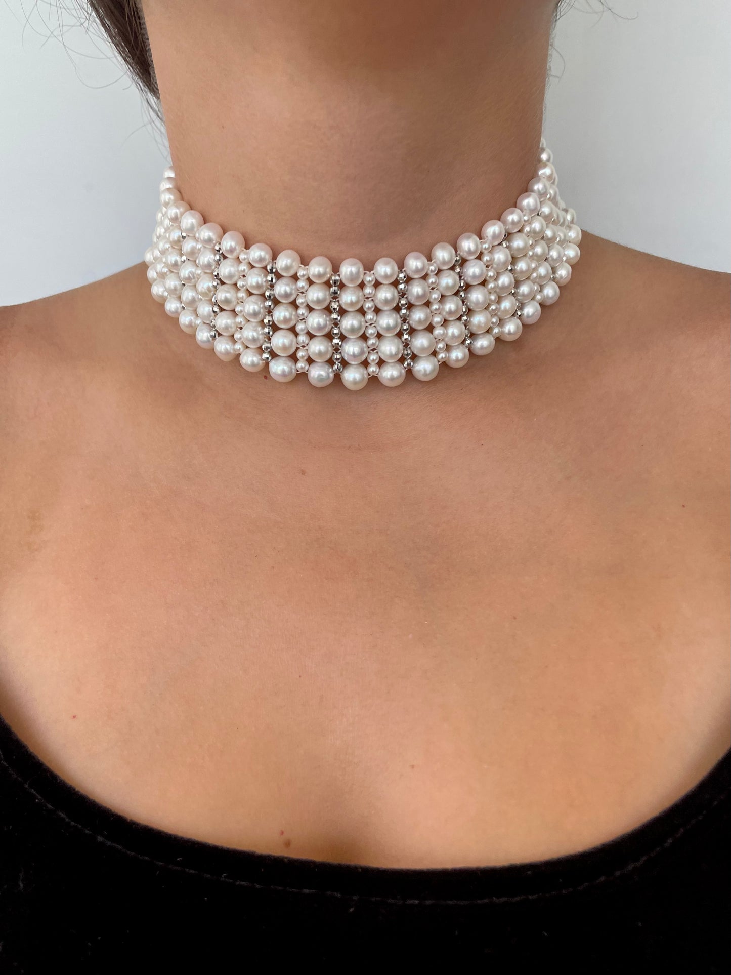 Bridal Pearl Woven Choker with Rhodium Silver