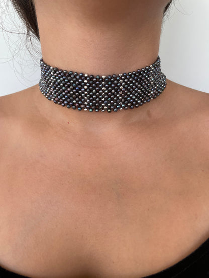 Black Pearl Adjustable Choker with Rhodium Silver Findings