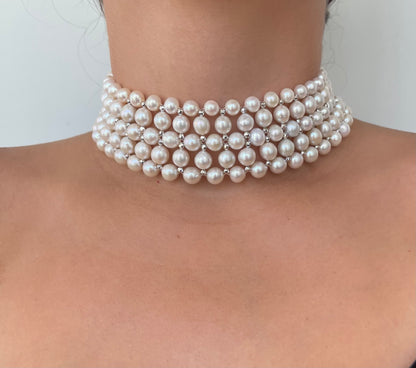 Adjustable Pearl Woven Choker with Silver Rhodium Plated Faceted Beads