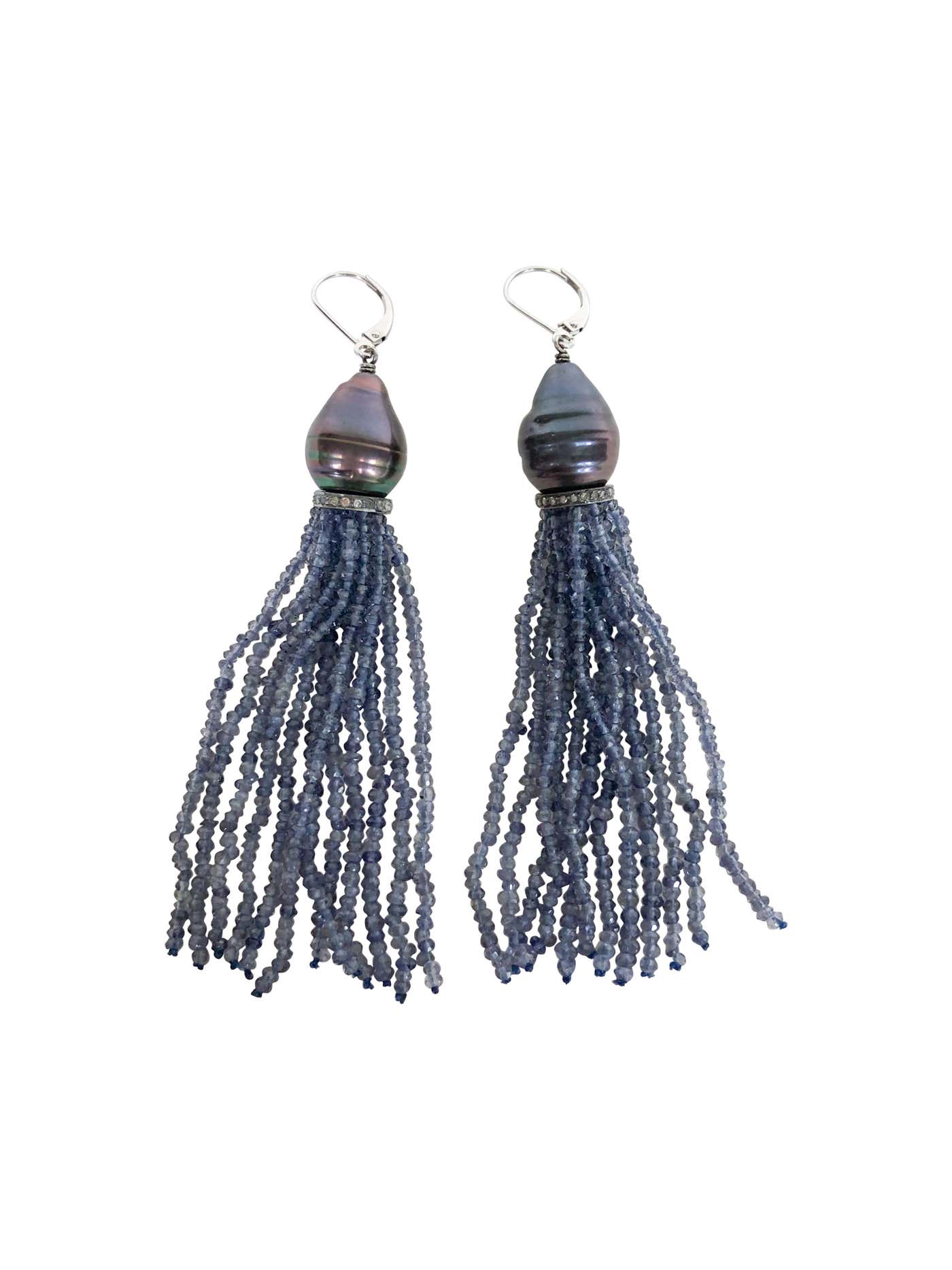 Baroque Black Pearl & Iolite Bead Tassel Earrings with Silver and Gold