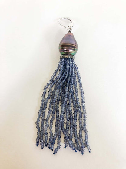 Baroque Black Pearl & Iolite Bead Tassel Earrings with Silver and Gold