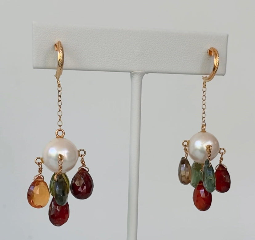 Pearl, Multicolor Tourmaline Briolette & Solid Yellow Gold Dangle Earrings