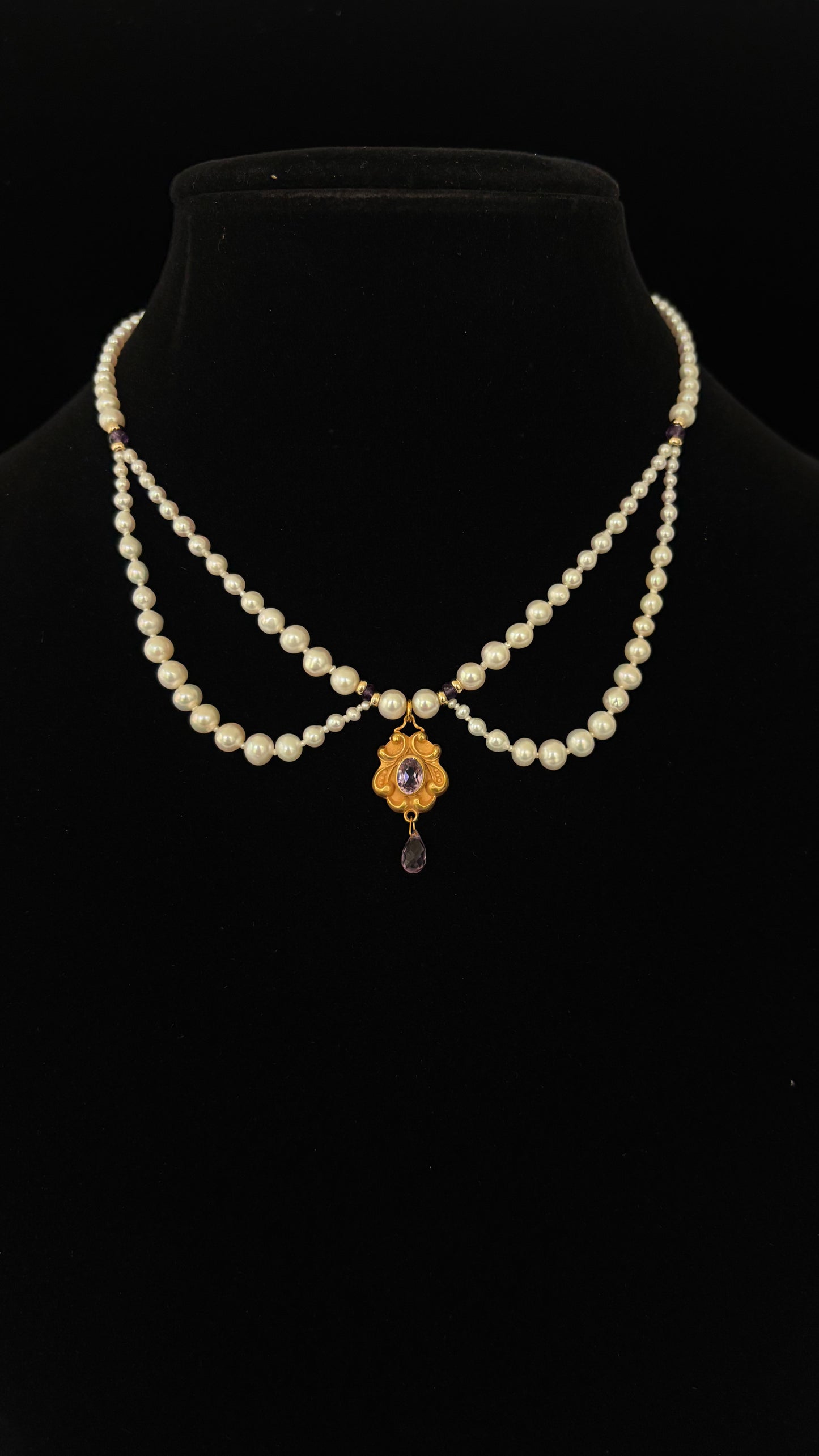 Marina J. Vintage 10k English Gold Amethyst Encrusted Pearl Draped Necklace