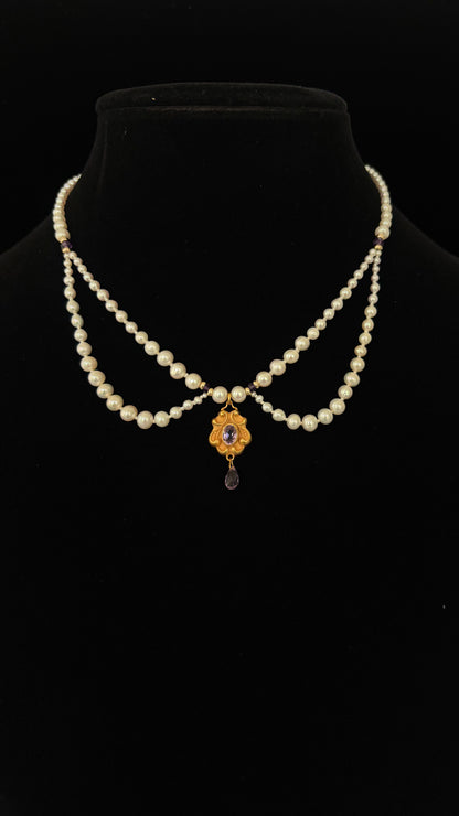 Marina J. Vintage 10k English Gold Amethyst Encrusted Pearl Draped Necklace
