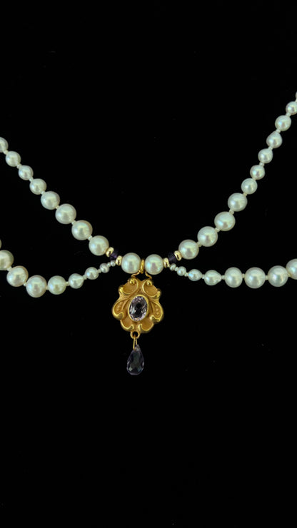 Marina J. Vintage 10k English Gold Amethyst Encrusted Pearl Draped Necklace