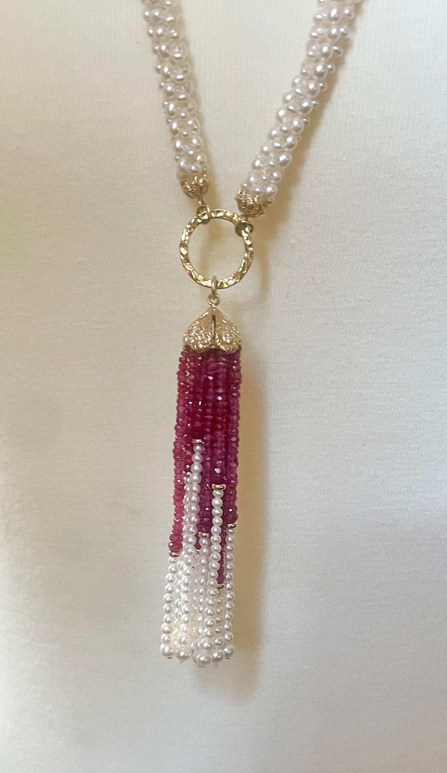 Closed Pearl Rope Sautoir with Ruby, Diamond & 14k Yellow Gold