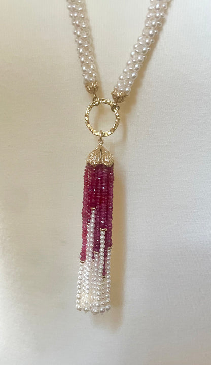 Closed Pearl Rope Sautoir with Ruby, Diamond & 14k Yellow Gold