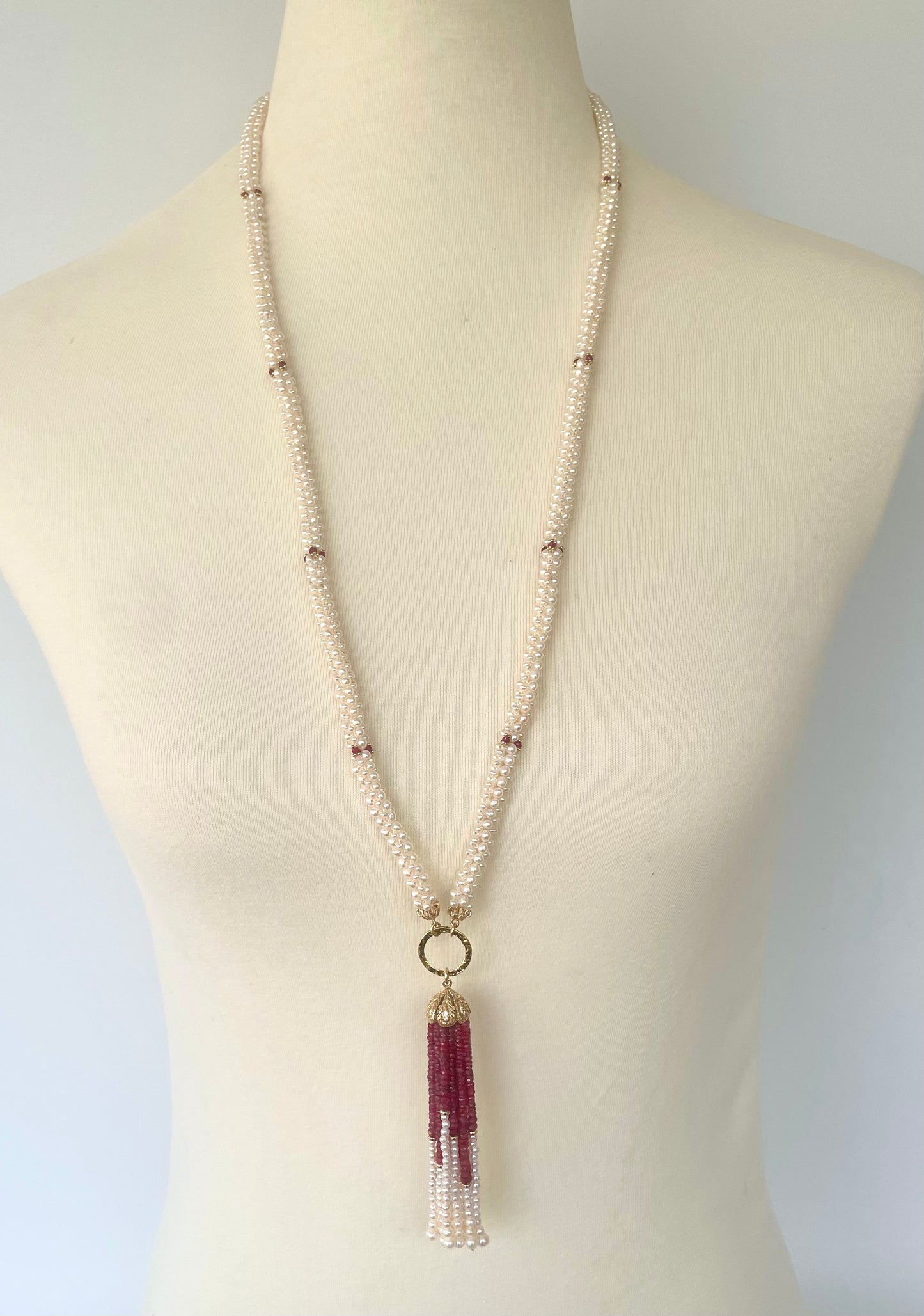 Closed Pearl Rope Sautoir with Ruby, Diamond & 14k Yellow Gold