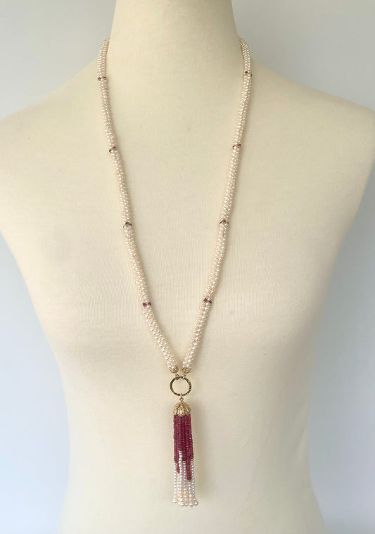 Closed Pearl Rope Sautoir with Ruby, Diamond & 14k Yellow Gold