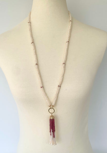 Closed Pearl Rope Sautoir with Ruby, Diamond & 14k Yellow Gold