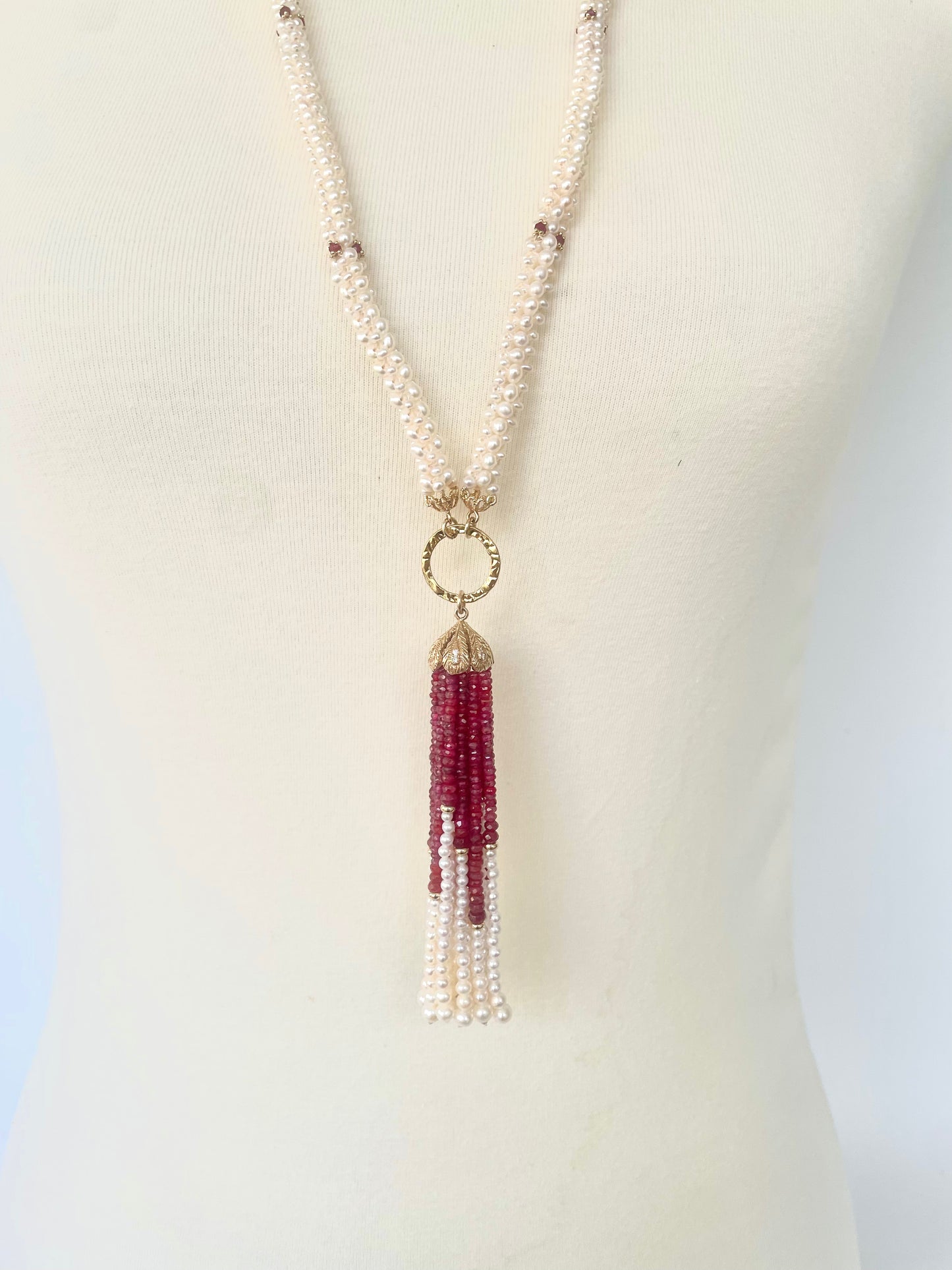 Closed Pearl Rope Sautoir with Ruby, Diamond & 14k Yellow Gold