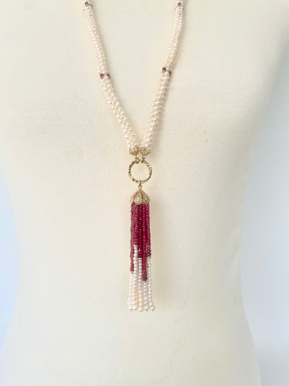 Closed Pearl Rope Sautoir with Ruby, Diamond & 14k Yellow Gold