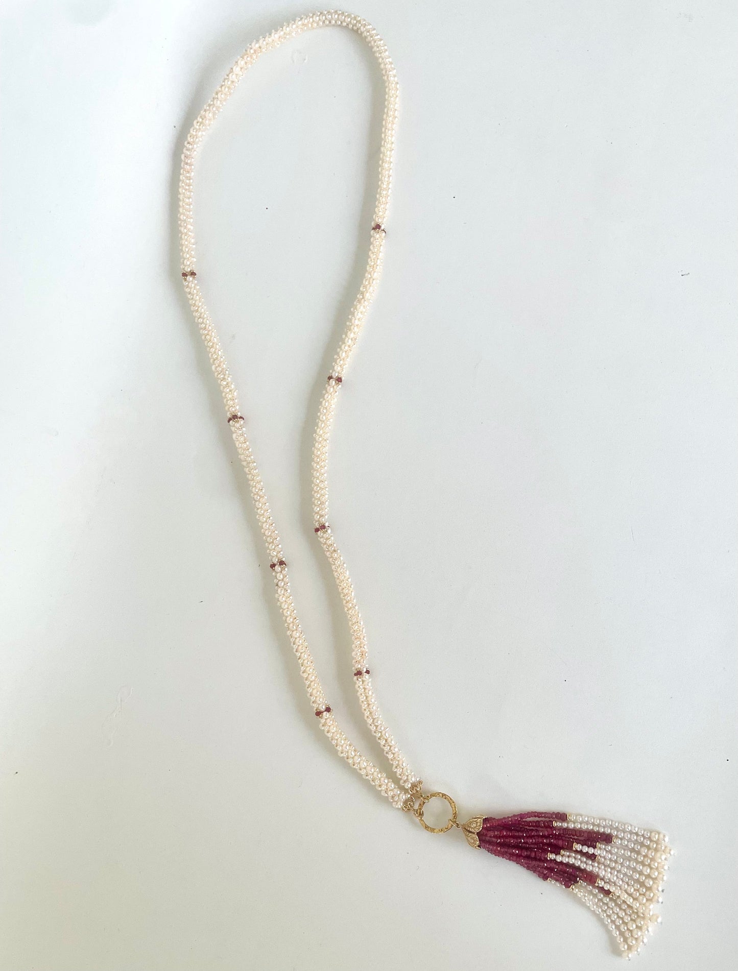 Closed Pearl Rope Sautoir with Ruby, Diamond & 14k Yellow Gold