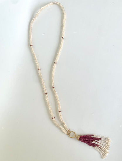 Closed Pearl Rope Sautoir with Ruby, Diamond & 14k Yellow Gold