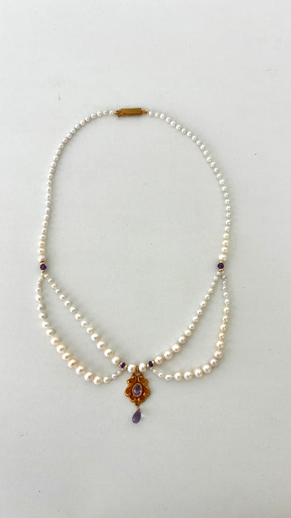 Marina J. Vintage 10k English Gold Amethyst Encrusted Pearl Draped Necklace