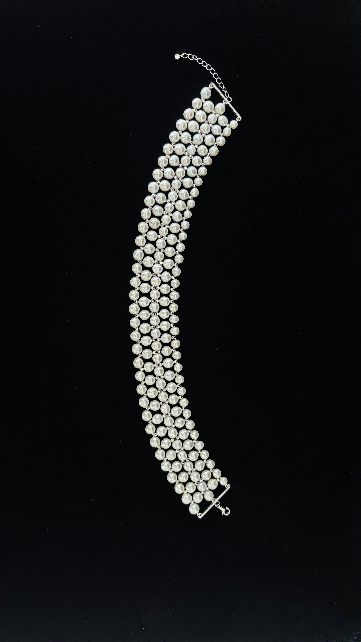 Adjustable Pearl Woven Choker with Silver Rhodium Plated Faceted Beads