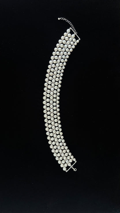 Adjustable Pearl Woven Choker with Silver Rhodium Plated Faceted Beads