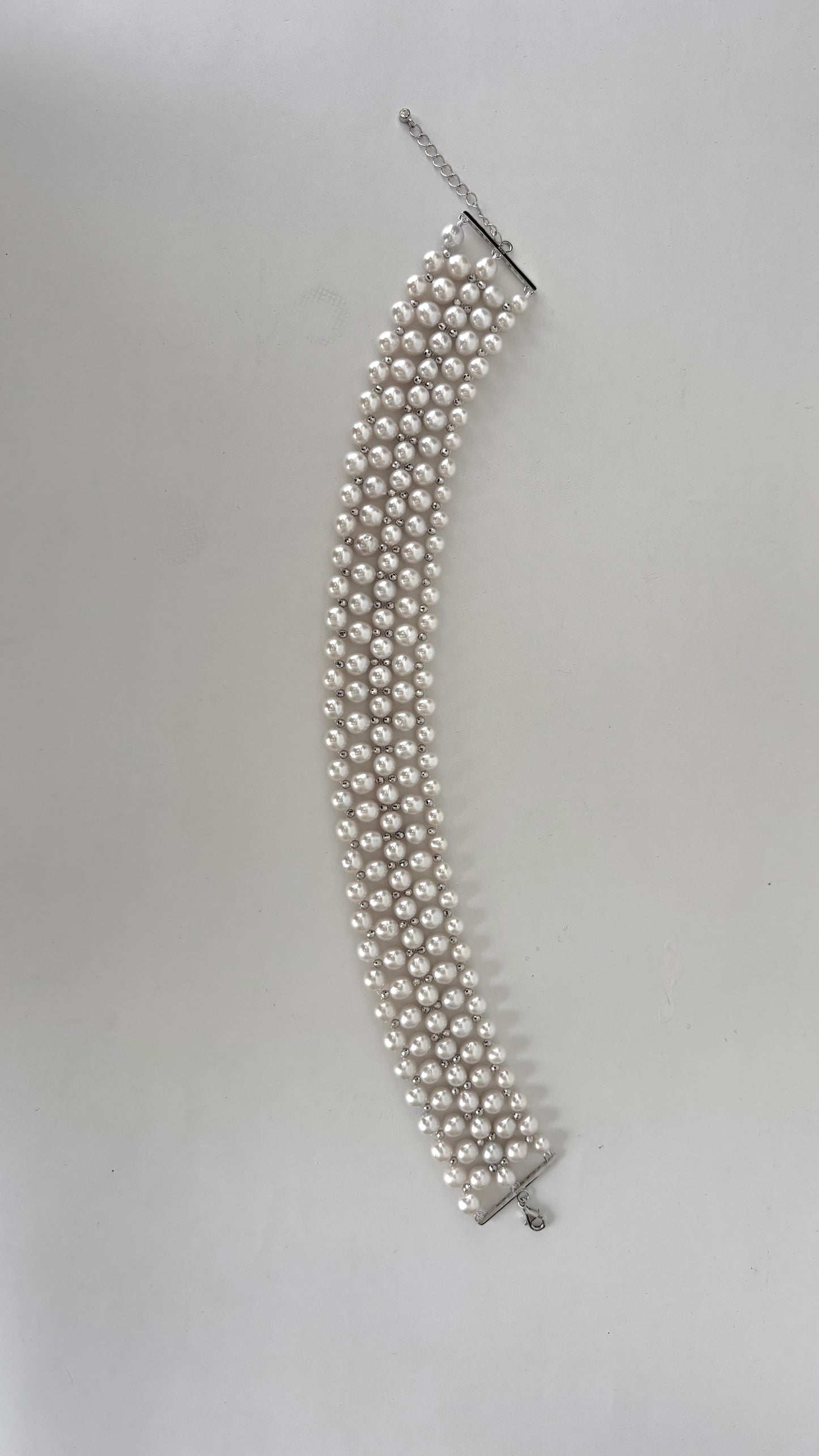 Adjustable Pearl Woven Choker with Silver Rhodium Plated Faceted Beads