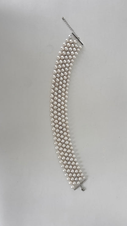 Adjustable Pearl Woven Choker with Silver Rhodium Plated Faceted Beads