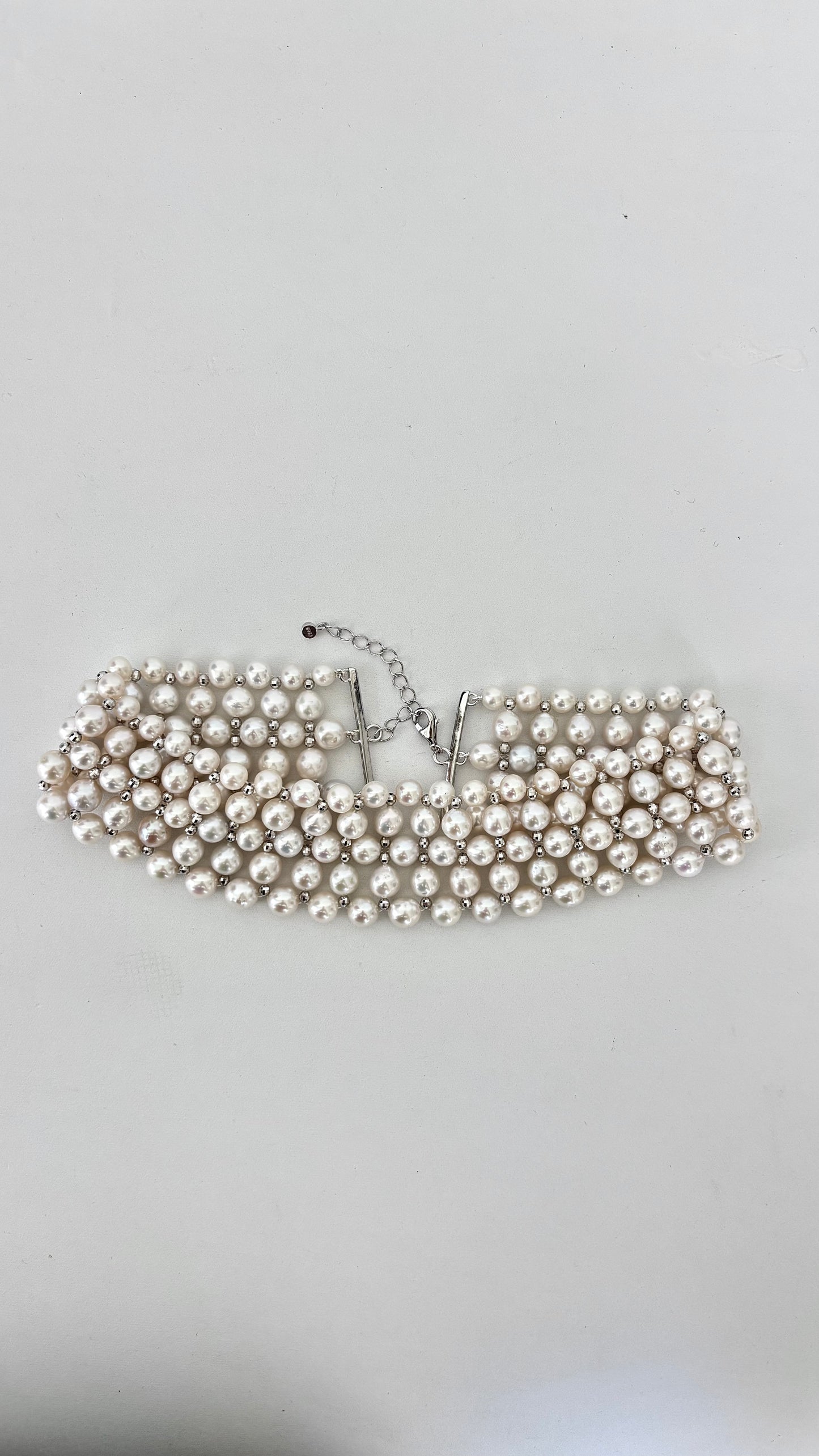 Adjustable Pearl Woven Choker with Silver Rhodium Plated Faceted Beads