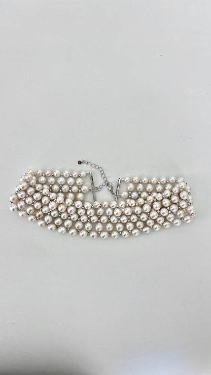 Adjustable Pearl Woven Choker with Silver Rhodium Plated Faceted Beads