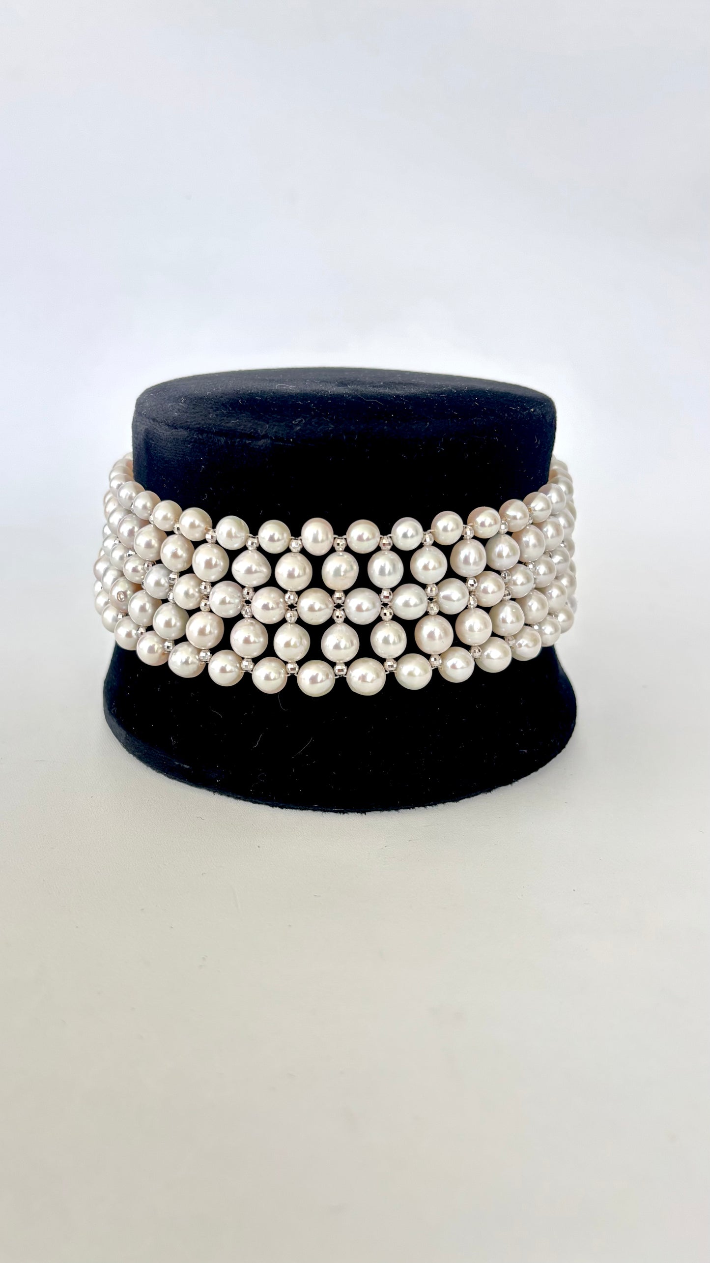 Adjustable Pearl Woven Choker with Silver Rhodium Plated Faceted Beads