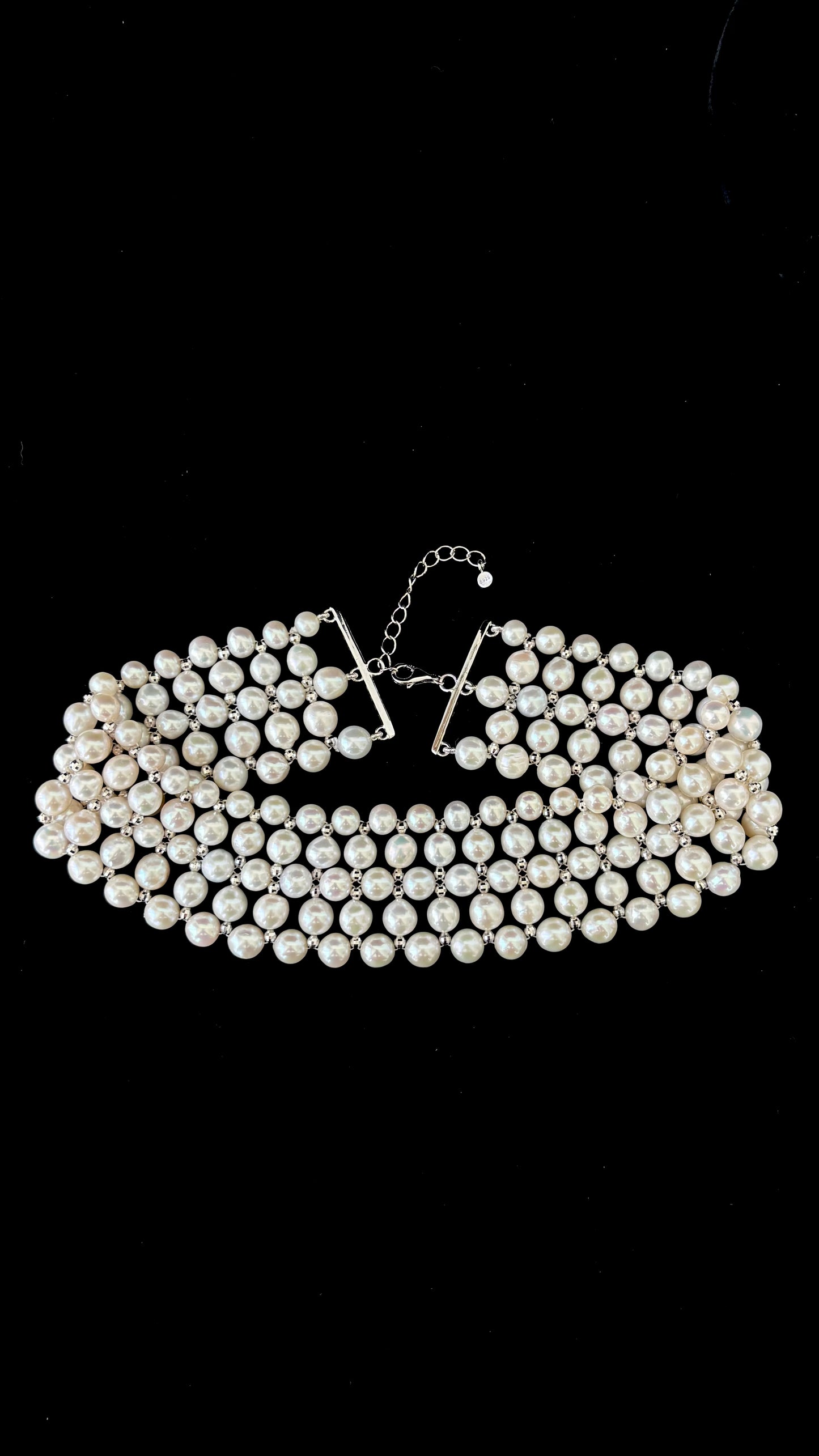Adjustable Pearl Woven Choker with Silver Rhodium Plated Faceted Beads