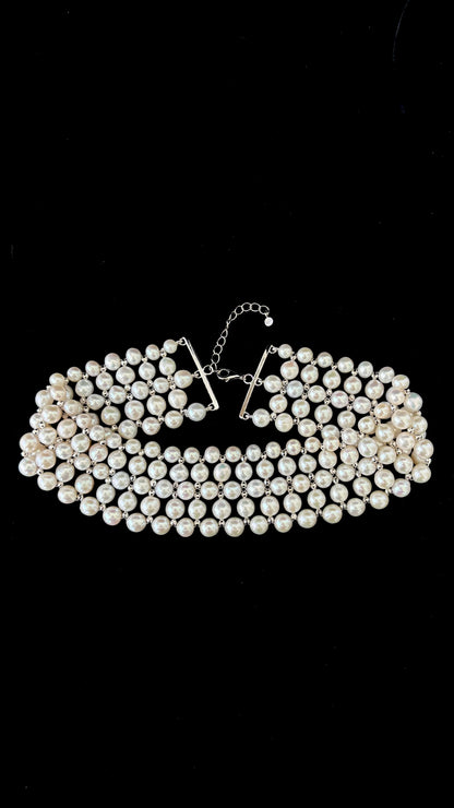 Adjustable Pearl Woven Choker with Silver Rhodium Plated Faceted Beads