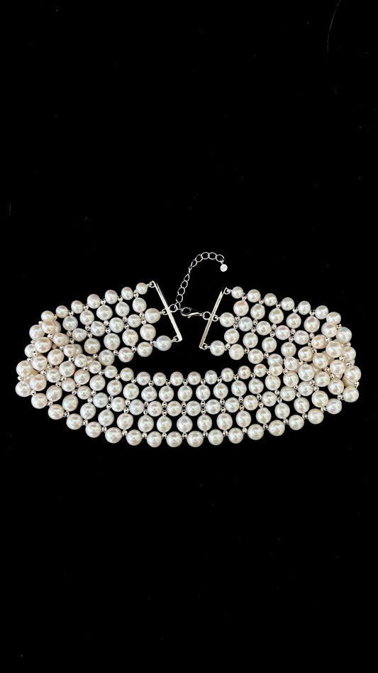 Adjustable Pearl Woven Choker with Silver Rhodium Plated Faceted Beads