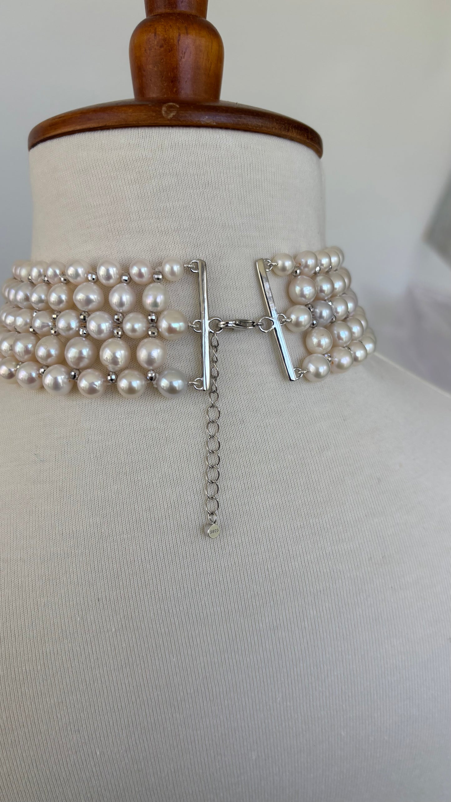 Adjustable Pearl Woven Choker with Silver Rhodium Plated Faceted Beads
