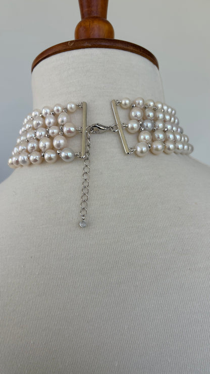 Adjustable Pearl Woven Choker with Silver Rhodium Plated Faceted Beads