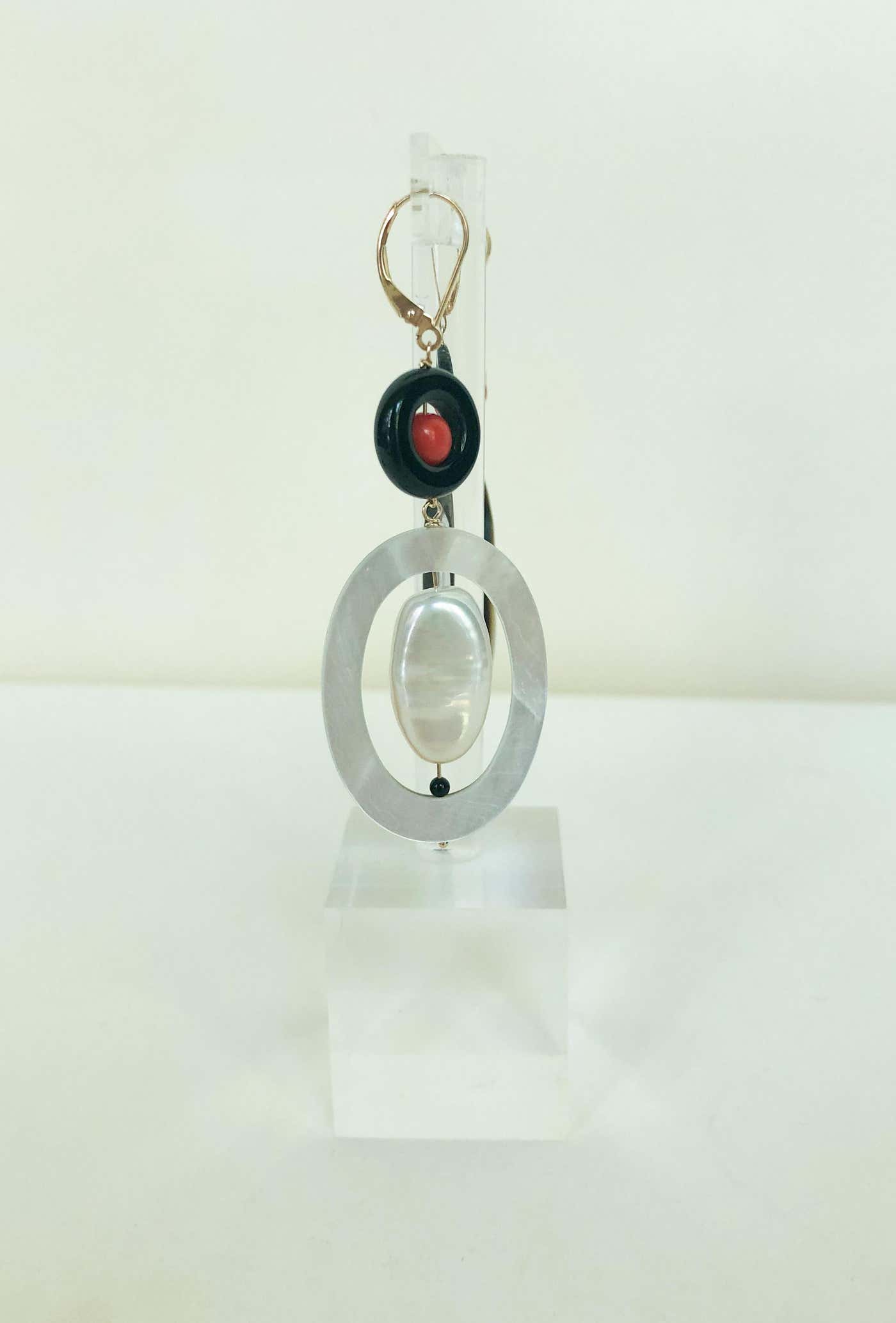 "Art Deco" Inspired Pearl Earrings with Coral, Onyx, Mother of Pearl and Solid 14 Karat Gold Lever Back Hooks