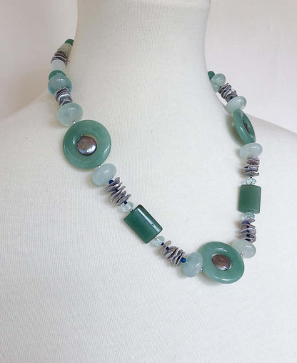 Jade, Aquamarine, Lapis Lazuli, Aventurine and Grey Pearl Necklace