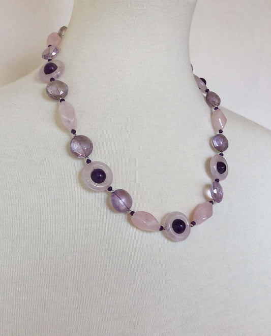 Rose Quartz, Amethyst and Silver Rhodium-Plated Beaded Necklace